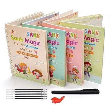 SHNMN Sank Magic Practice Copybook, (4 BOOK +1 PEN + 10 REFILL) Number Tracing Book for Preschoolers with Pen, Magic calligraphy books for kids Reusable Writing Tool