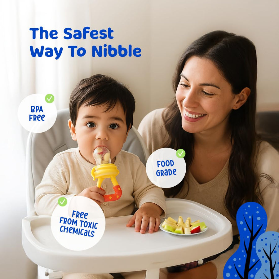 Baby Fruit Feeder Pacifier with Cover, BPA Free Silicone Food Nibbler Teether for Babies, Fresh Fruit Feeder Cum Food Feeder with Ergonomic Handle for Infants Toddlers (Multicolor)