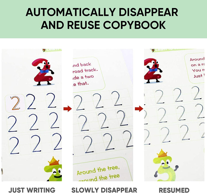 SHNMN Sank Magic Practice Copybook, (4 BOOK +1 PEN + 10 REFILL) Number Tracing Book for Preschoolers with Pen, Magic calligraphy books for kids Reusable Writing Tool