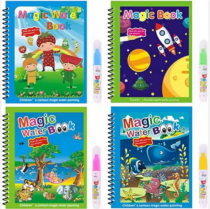 Toy Imagine 4-Pack Water Magic Coloring Books with Refillable Pens | Reusable No Mess Magic Reveal Activity Book for Kids | Educational Drawing Toy, Fine Motor Skills, Quick Dry Travel Friendly